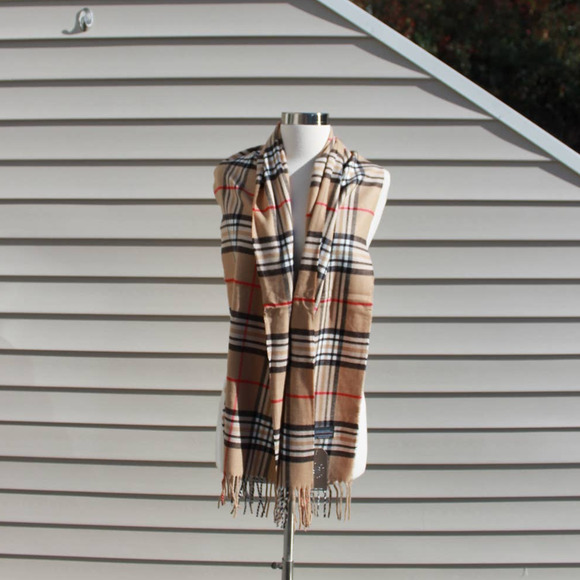 Janice Apparel Women's Faux Cashmere Scarf Classic Tan Plaid Tartan Fringe - Picture 9 of 11